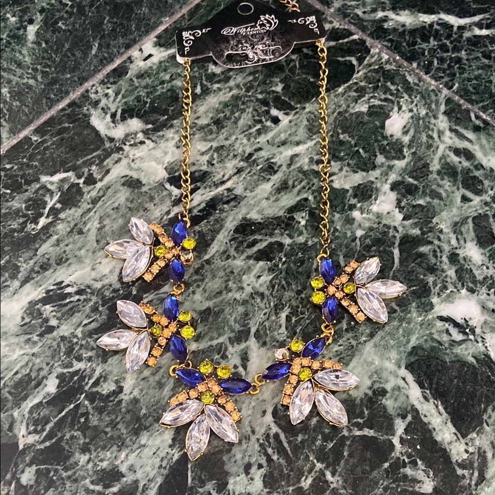 Papillon Blanc Gold and Blue Floral Necklace